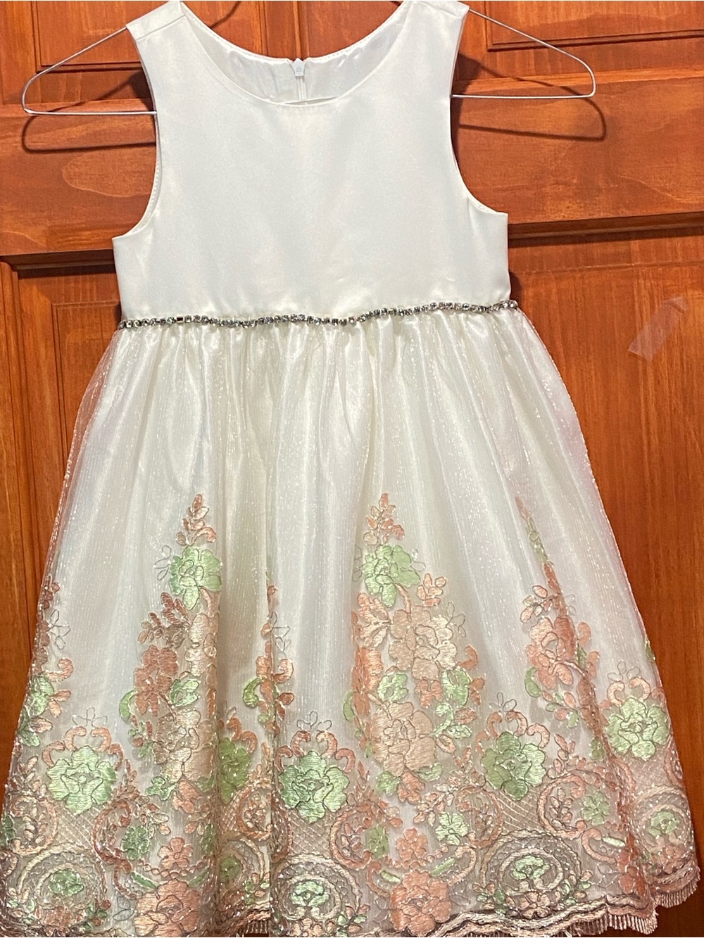 American Princess White Party Dress with Pink and Mint Floral Embroidery on thre